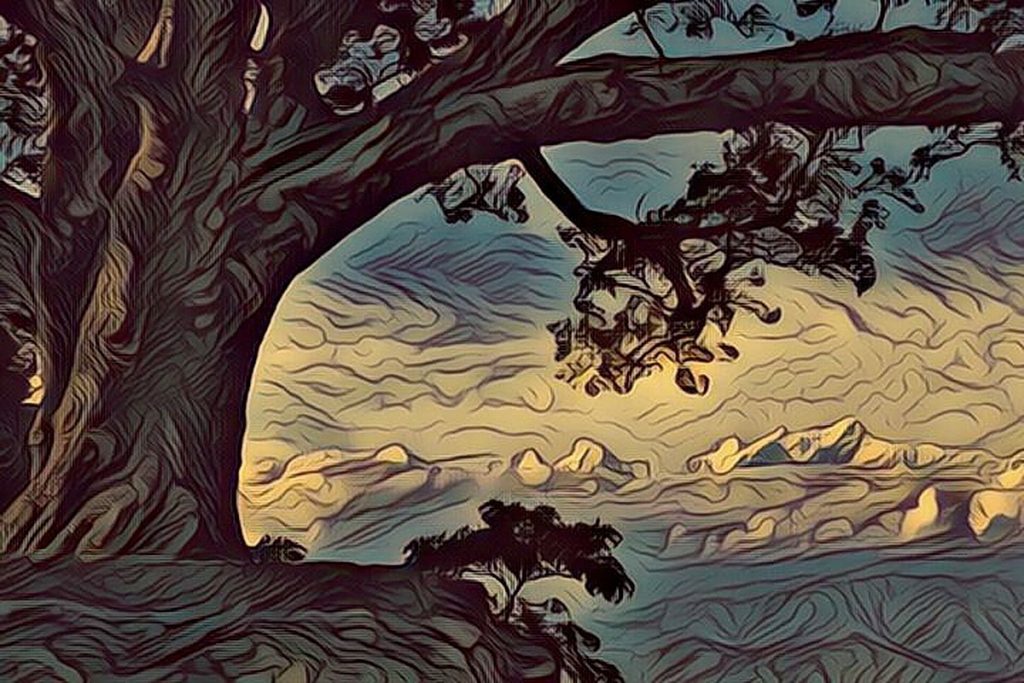 Painting of a Bodhi Tree overlooking the Himalayan Mountains